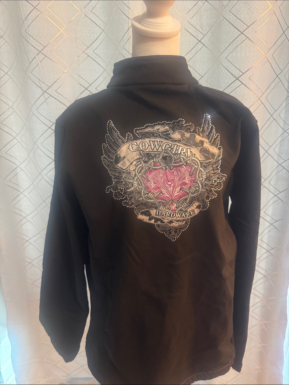 Cowgirl Tuff Black Jean Jacket with Pink Embroidered Heart Back